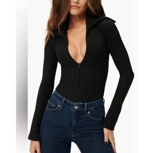Good American Funnel Neck Zip Bodysuit GB0320 BLACK001 Size 2